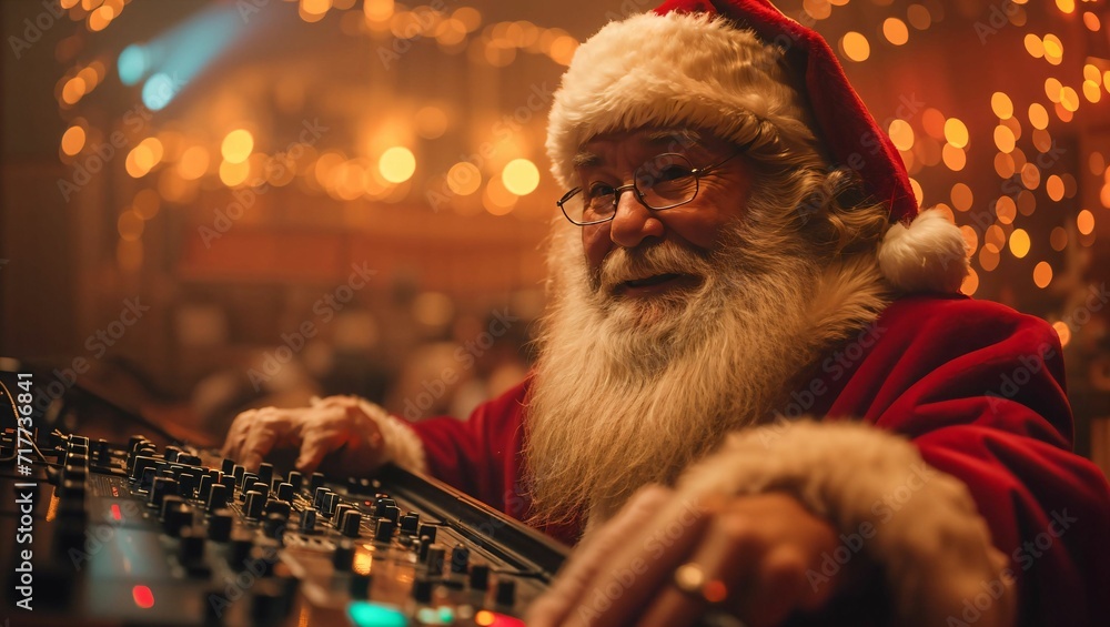 A santa claus stands adjusting a music controller in a night club