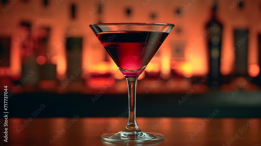 Elegant martini glass with red cocktail on bar counter, blurred bottles in background. Elegant martini glass with red cocktail on bar counter, blurred bottles in background.