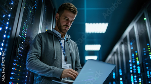 focused man in a hoodie and glasses using a laptop in a server room photo
