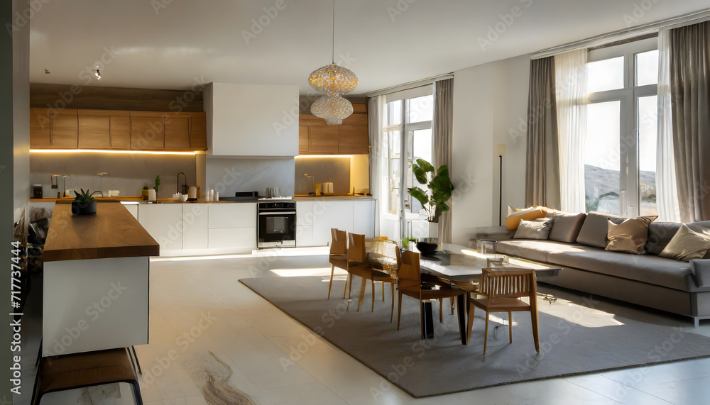 Luxurious interior design living room and white kitchen. Open plan interior. Generative AI. Luxurious interior design living room and white kitchen. Open plan interior. Generative AI.