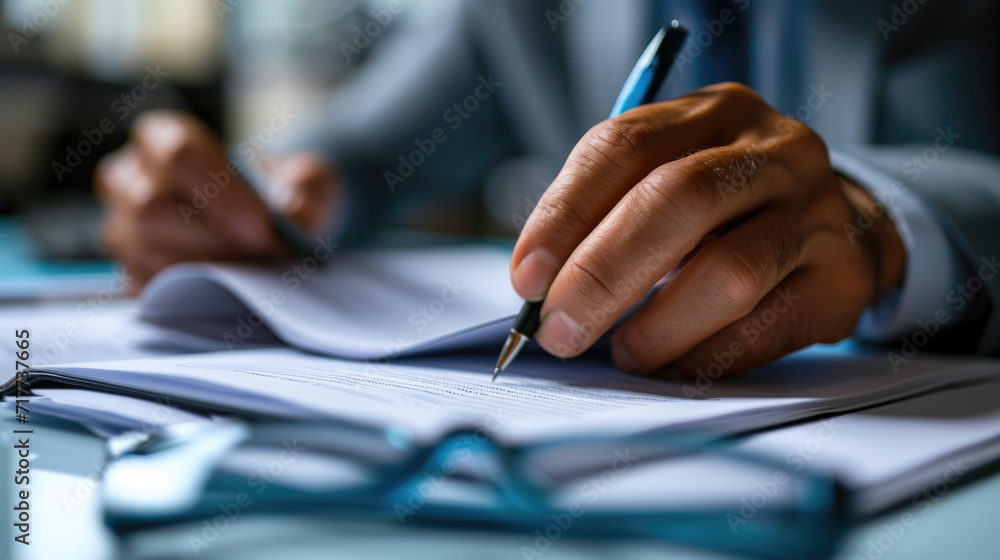 Close-up view of a person's hand holding a pen over a pile of paperwork, indicating they are working, signing documents, or reviewing files. Close-up view of a person's hand holding a pen over a pile of paperwork, indicating they are working, signing documents, or reviewing files.