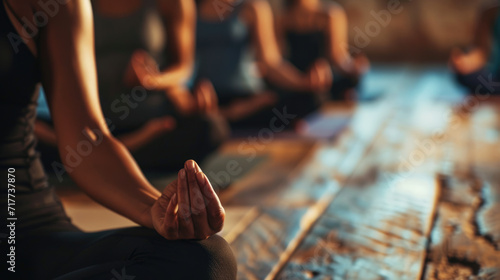 Yoga class in session, with individuals in seated meditation poses on yoga mats