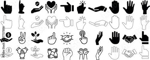 Hand gestures Vector set, communication symbols. Perfect for web design, educational materials. Includes thumbs up, peace sign, stop hand, love heart, clapping hands
