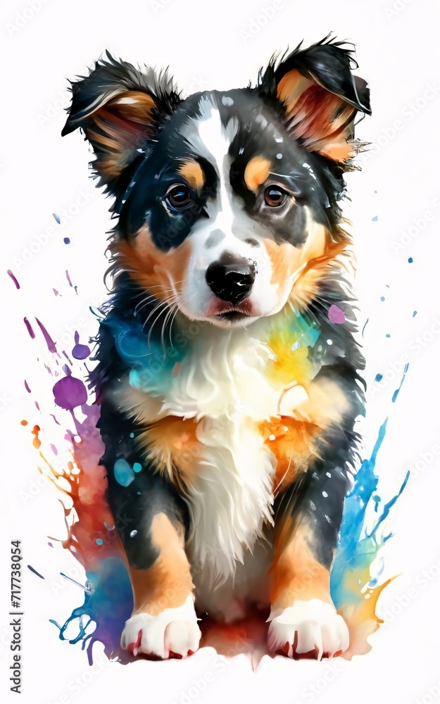 Naklejka premium Cute border colie puppy watercolor art, water splash in the background in vibrant colors.