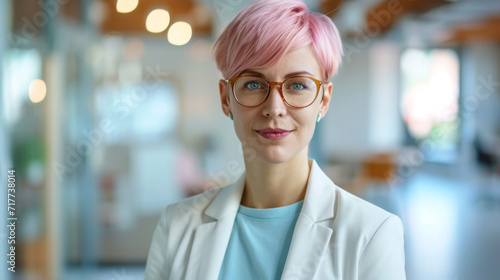 Confident young woman with pink hair and glasses, wearing a smart casual outfit with a white blazer