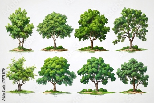 set of oil painted green trees on white background  isolated trees for cards  book illustrations  summer foliage
