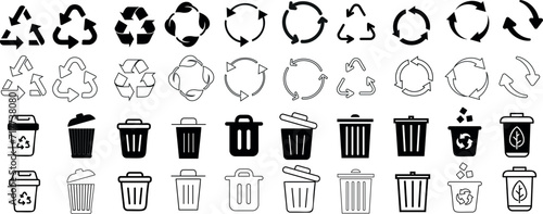 Recycling, waste bins vector icons set. Eco-friendly, environment, sustainability concepts. Different recycling symbols, types of waste bins for separation, disposal