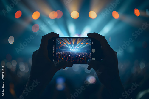 Person capturing concert stage lights with smartphone camera at night event.