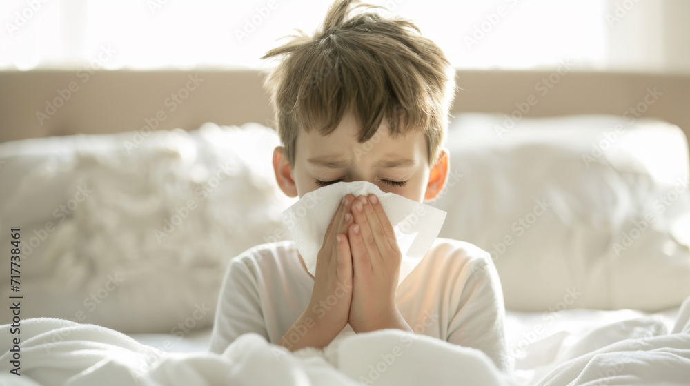 young boy blowing his nose into a tissue young boy blowing his nose into a tissue