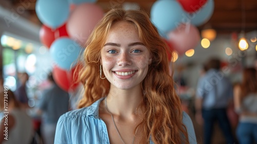 Redheaded Beauty Smiling for the Camera at a Pink and Blue Party Generative AI