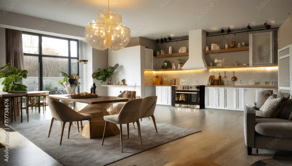 Luxurious interior design living room and white kitchen. Open plan interior. Generative AI. Luxurious interior design living room and white kitchen. Open plan interior. Generative AI.