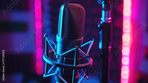 Studio microphone and pop shield on mic in the empty recording studio with copy space.  