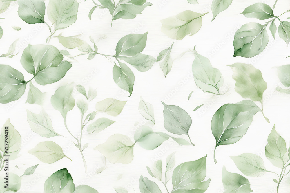 Delicate watercolor botanical background with green leaves in soft basic pastel green tones. Neutral elegant pattern of green watercolor leaves on a white background.