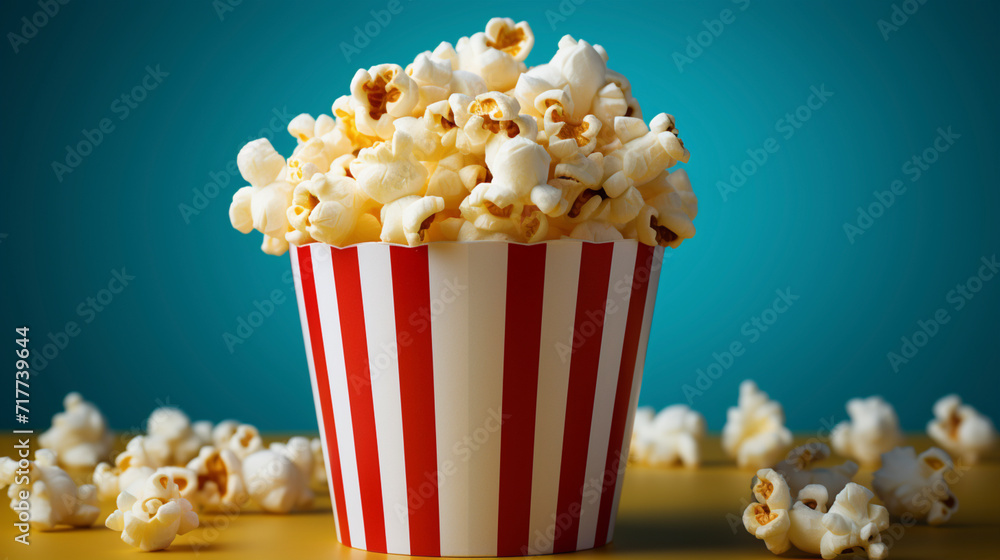 Popcorn in paper cup against pastel blue background
