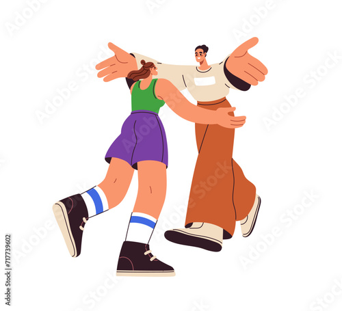 Love couple meeting, greeting with hugs. Happy excited enamored man and woman smiling, glad to see, embracing. Romantic people reunion. Flat graphic vector illustration isolated on white background