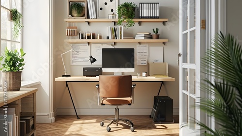 a minimalist home office setup with a sleek desk and ergonomic chair, reflecting the trend of remote work photo