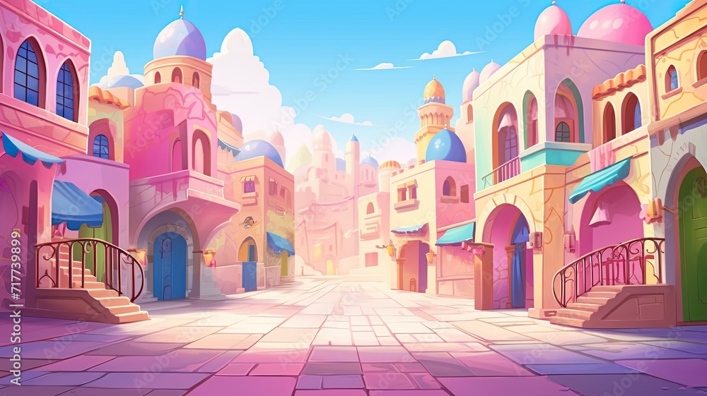 cartoon illustraion Arabic market. whimsical cityscape, characterized by pastel-colored buildings, ornate architecture, and a clear blue sky.