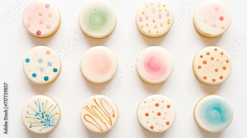 Group of Nine Decorated Cookies Displayed on Table, white background. Easter theme. Top view.