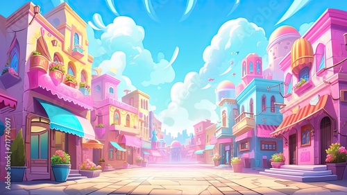 cartoon illustraion Arabic market. whimsical cityscape  characterized by pastel-colored buildings  ornate architecture  and a clear blue sky.