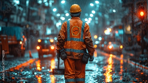 Working Man in Orange Vest on Rainy Night Generative AI