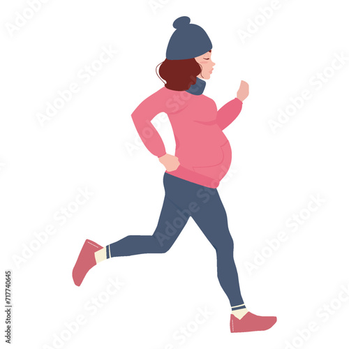 Healthy lifestyle. A pregnant girl goes in for sports, jogging. Ready-to-print postcard with a pregnant girl in winter clothes. © Zhanna