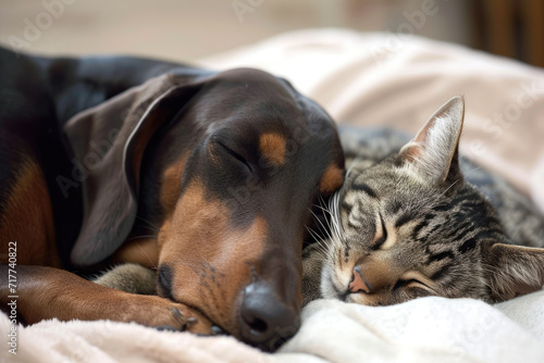 A dachshund dog and a cat are sleeping under a warm knitted blanket. The kitten and puppy are dozing. Pets.