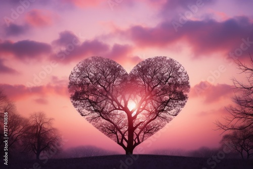 Tree in the shape of heart on a pink sunset natural backdrop  valentines day background. Romantic artistic backdrop.