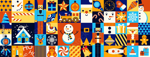 Abstract geometric background. Merry Christmas and Happy New Year! Christmas gingerbread, Santa, snowman, toys, celebration symbols, holiday sweet candie. Mosaic art. Winter style.