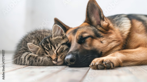 The shepherd dog and the cat are sleeping. The kitten and puppy are dozing. Pets.