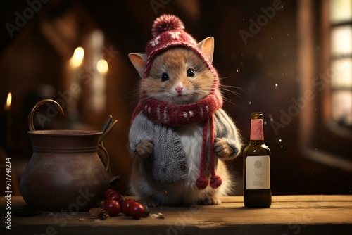 Canvastavla A adorable critter wearing winter accessories, holding a toy mouse and wine bottle placed on a wooden table