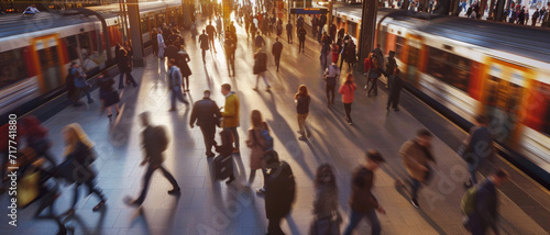 Evening rush hour blurs into a symphony of motion as commuters swarm a bustling train station platform photo