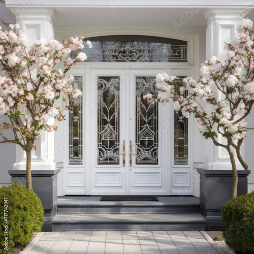 Main door to the luxury house with spring decoration  beautiful elegant entrance to the house  modern and elegant door  Spring time  Mockup