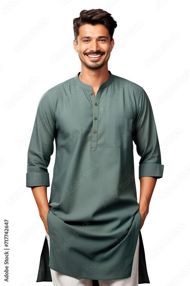 Fototapeta premium Full length view of Indian Men in Green Kurta Pajama: A simple and comfortable combination of a tunic-like top Isolated on transparent background.