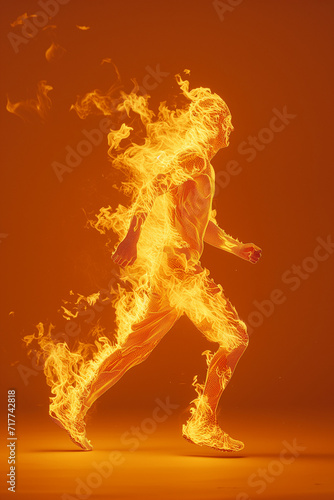 body of person on fire running isolated on plain orange studio background, full body with red and yellow flames