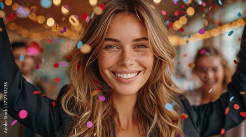 Smiling Beauty in Black Jacket, Celebrating New Year's Eve with Confetti Generative AI