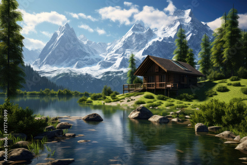 Wooden cabin in forest with river and mountain view