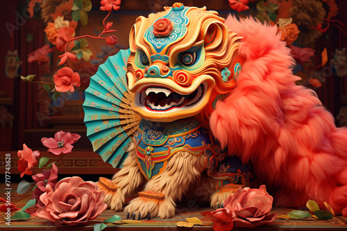 Chinese New Year celebration with traditional colorful lions with red fans © Robby