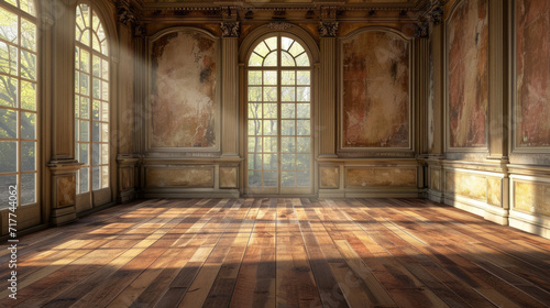 Antique room with large antique windows and wooden floor of an abandoned mansion for design or background.