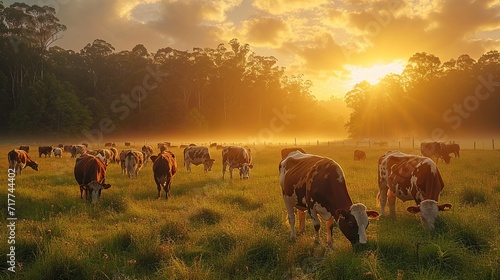 The golden rays of sunrise filter through trees, casting a hazy glow over a herd of cows in a pastoral scene.