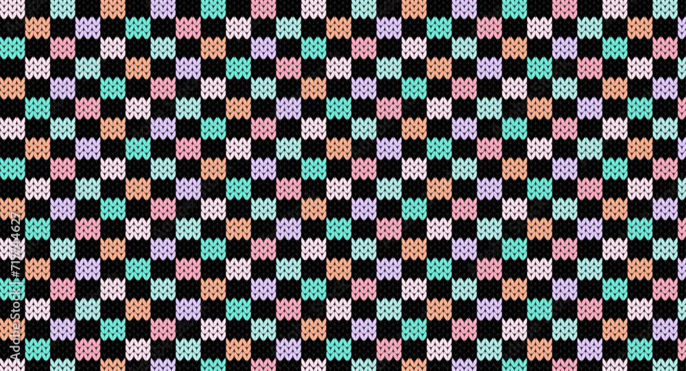 Pastel squares on black knitted pattern, Festive Sweater Design. Seamless Knitted Pattern Pastel squares on black knitted pattern, Festive Sweater Design. Seamless Knitted Pattern