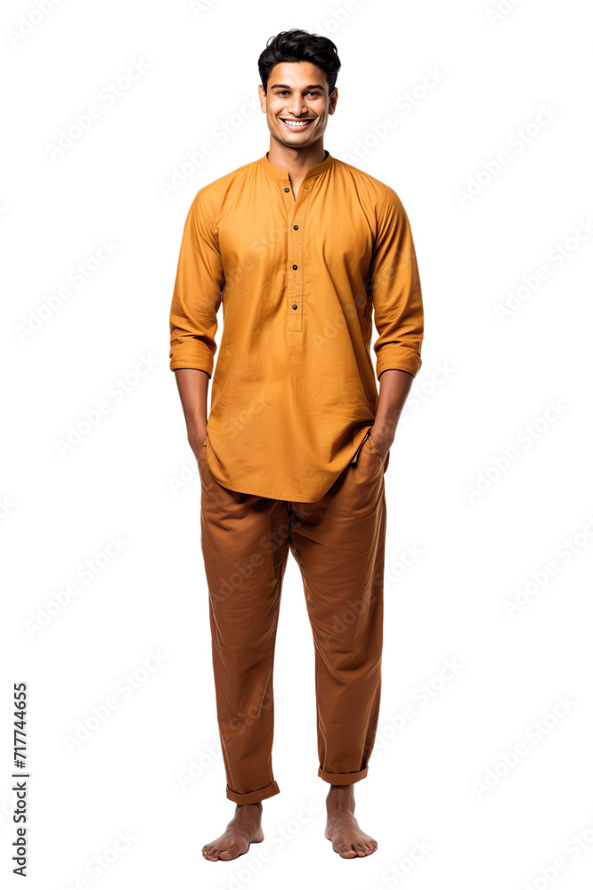 Full length view of Indian Men in Pathani Suit: A two-piece outfit for men consisting of a kurta-style top and straight-cut pants Isolated on transparent background.