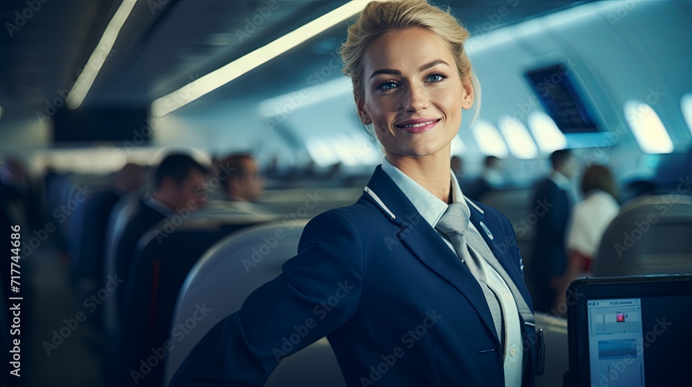Smiling female flight attendant in uniform inside an airplane, ready to assist passengers during their journey. Smiling female flight attendant in uniform inside an airplane, ready to assist passengers during their journey.