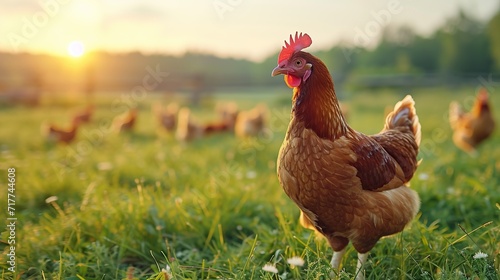 A hen struts confidently across a farm at golden hour, with the setting sun casting a warm glow over a peaceful pasture.