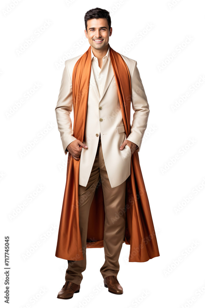 Full length view of Indian Men in Sherwani: A formal outfit for men, typically worn during weddings, resembling a long coat Isolated on transparent background.