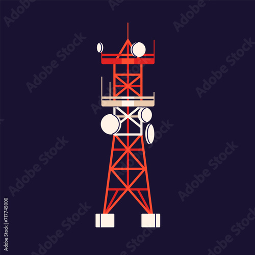Telecommunication tower. Broadcasting radio mast for signal transmission, network connection. Telecom structure, transmitting construction with antenna, dishes. Isolated flat vector illustration