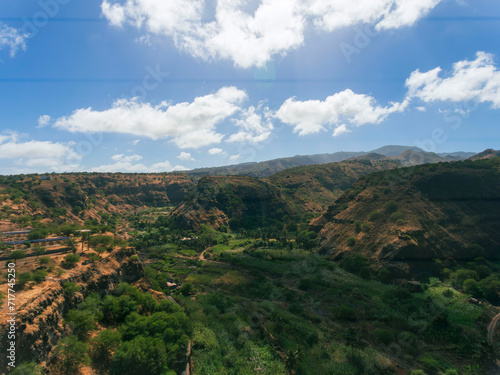 Barragem Principal in Santiago Island  Cape Verde  water dam view from the top of the mountain  view of the sea  mountains and small village.