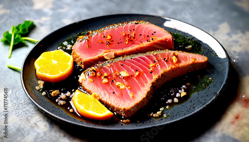 Delicious Seared Tuna Steak with Citrus Glaze on a plate, High Protein Recipe.