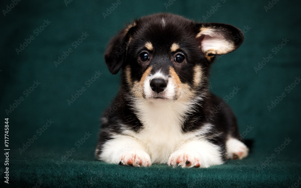 tricolor welsh corgi puppy on a green background