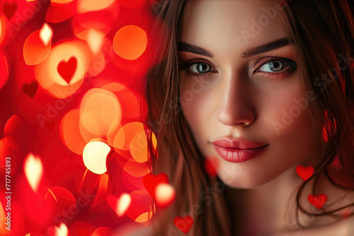 Very Beautiful romantic woman with hearts symbols of love on background, on Valentine's Day or wedding day