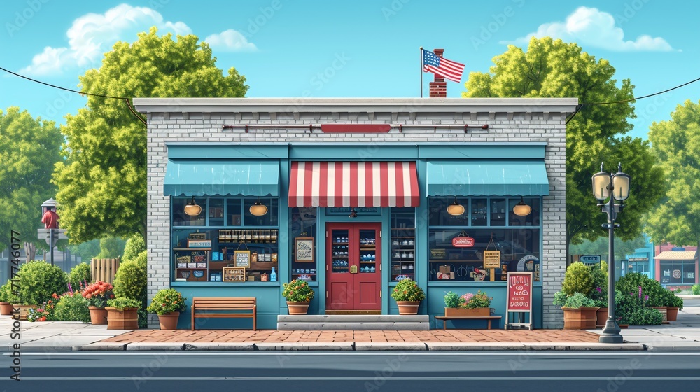 July 4th Celebration: A Colorful American Flag Flies Over a Vibrant Shop Generative AI